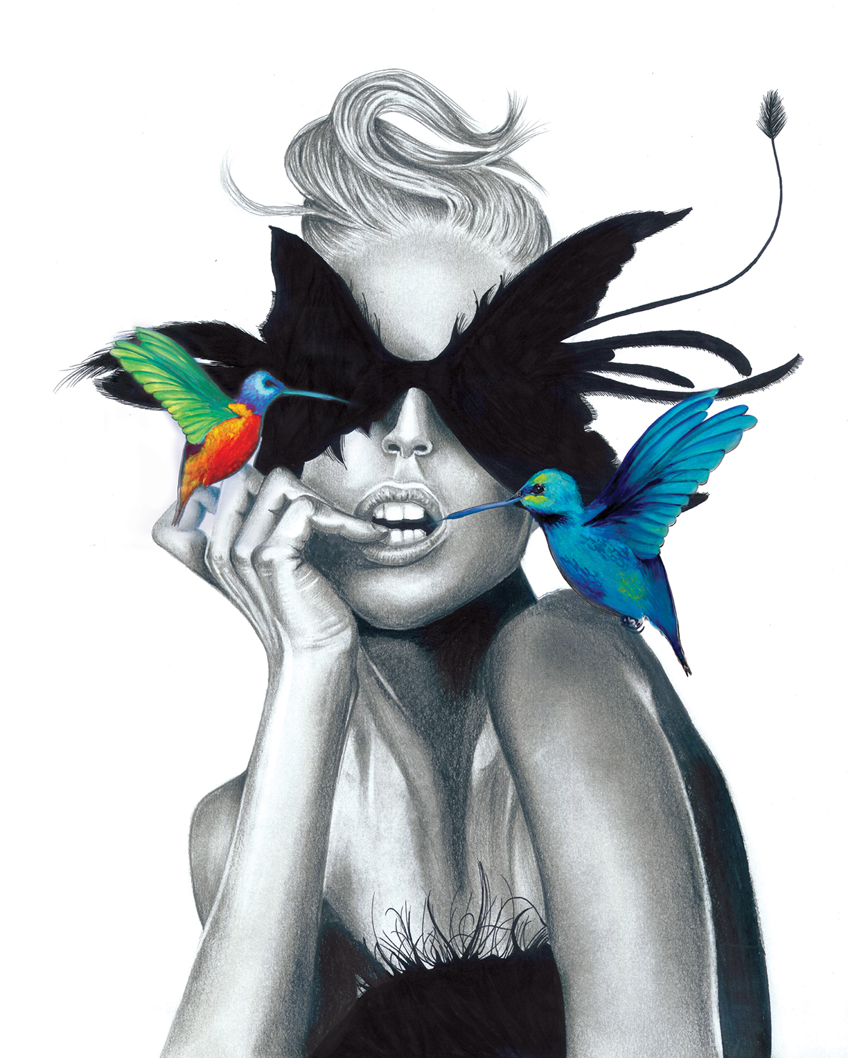  blind  color  canvas art  bird  WOMAN  pencil  acrylics