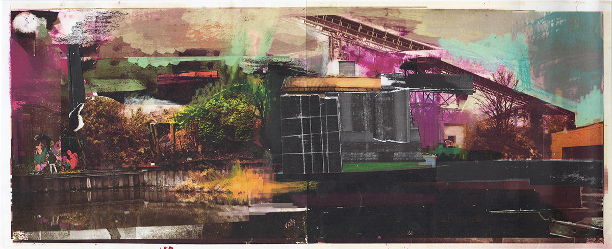 collage river water industrial canal London mixed media photomontage bird seagull Urban panorama cityscape Landscape