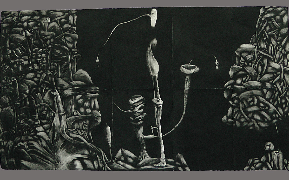 black and white  charcoal large scale mixed media surreal