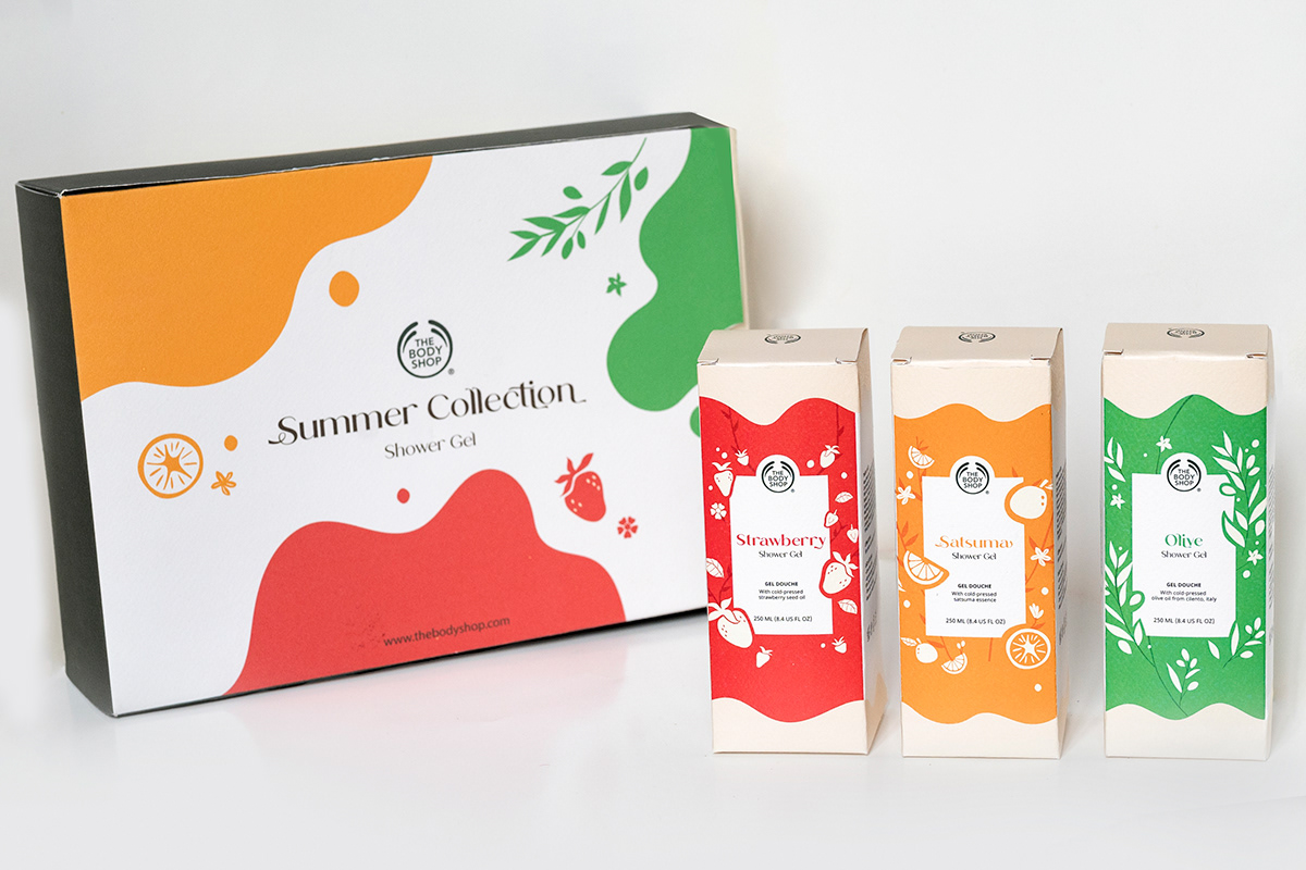 Packaging box gift set Label olive satsuma shower gel strawberry the body shop