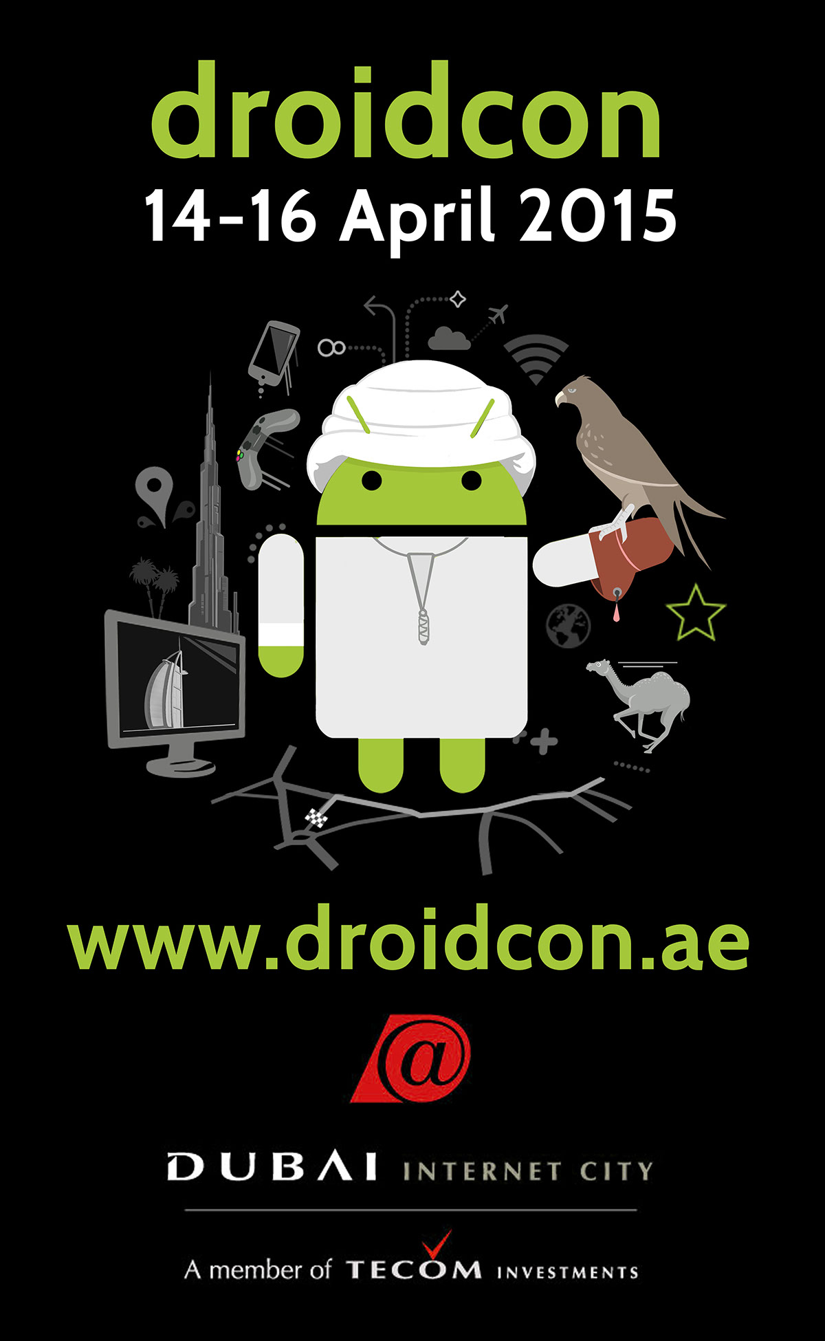 Droidcon dubai corporate identity Identity Design marketing   android smartphone tablet Technology android developer developer android conference Android green figure conference