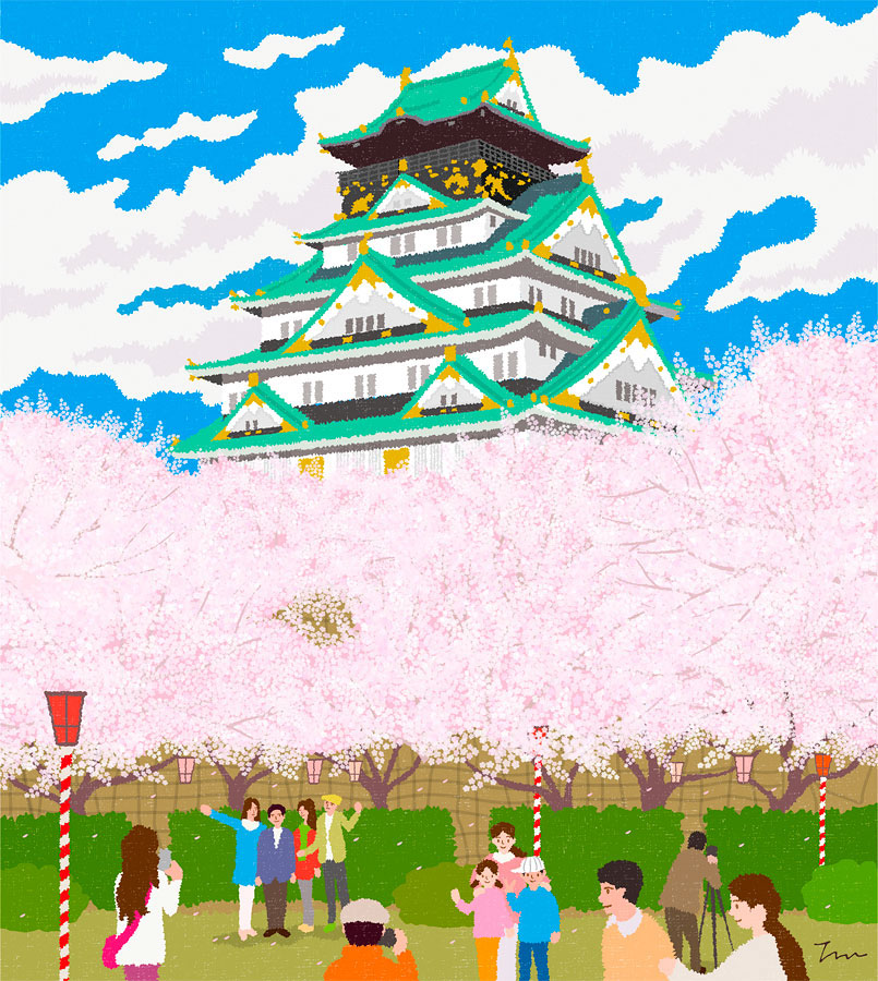 japan Ooosaka calendar OOsaka-jo Illustrator scenery cherry tree Cherry blossom viewing sightseeing poster