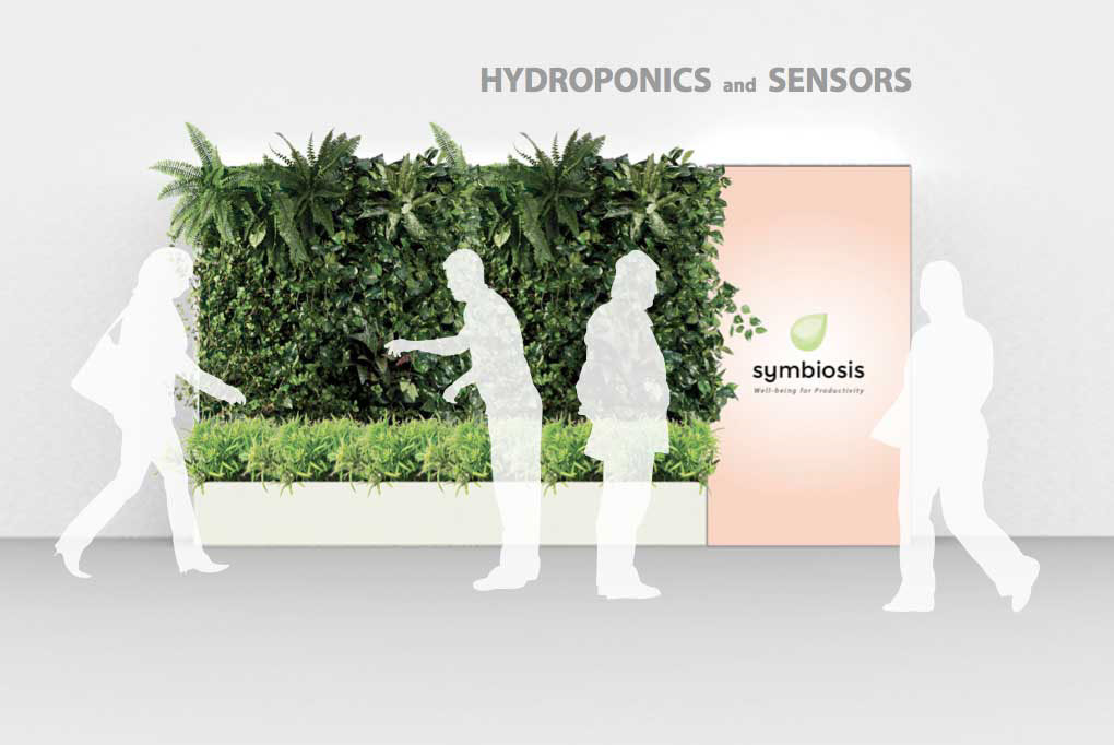Office offices corridors Hall wall greenwall touchscreen Sensors Technology plants benefits of nature healthy plants Productivity wellbeing