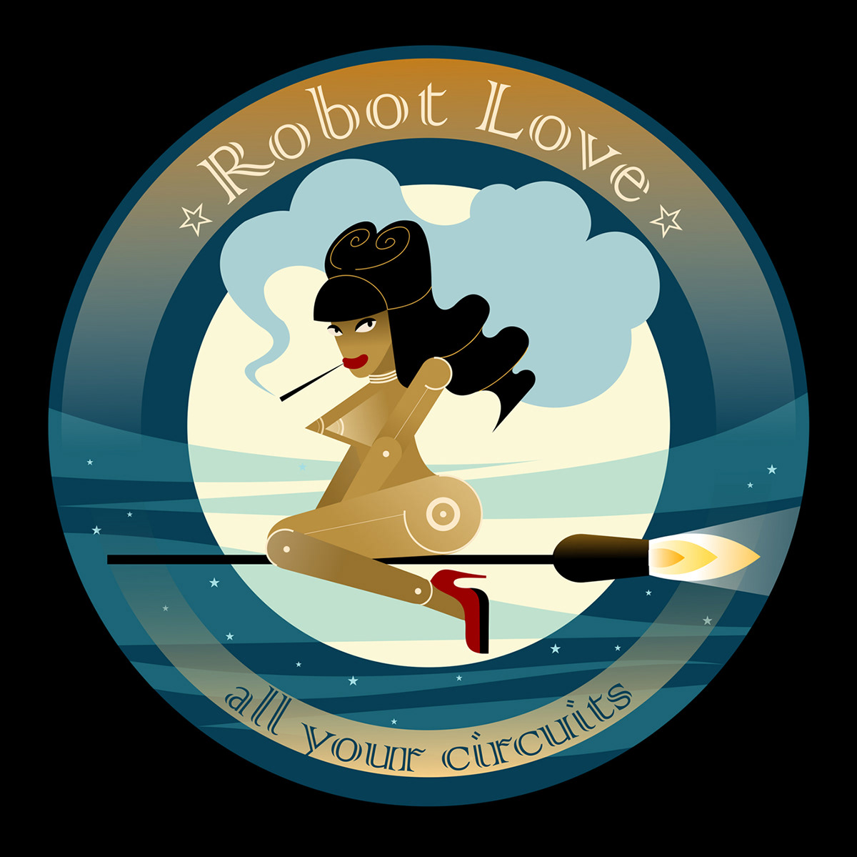 ILLUSTRATION  t-shirt art robot girl_on_a_broomstick love robot muse_of_the_programmer vector graphics Halloween