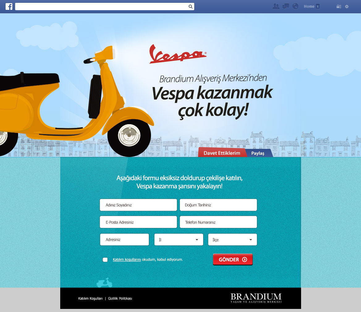 brandium vespa motorcycle design application social media tab city cover sweepstake campaign mall istanbul