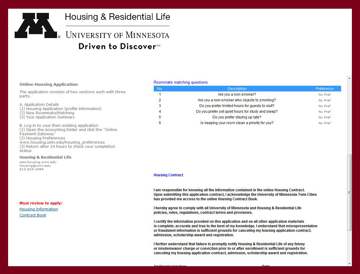 UMN university of minnesota housing HRL Residential Life redesign mercury rms application online college University higher ed
