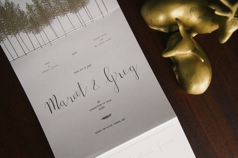 gold White wedding Invitation folk country lettering hand Custom uncoated foil