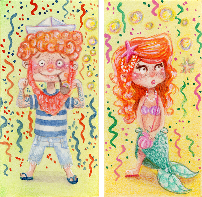 Carnaval watercolor kids costume wonderwoman catwoman mermaid Sailor detective pirate