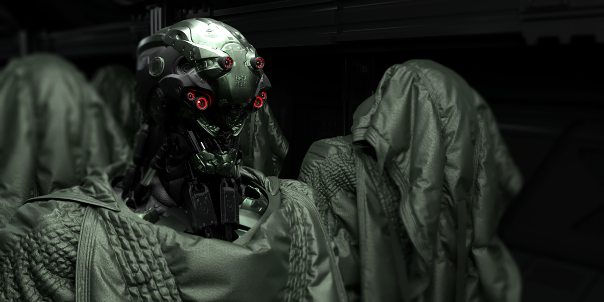 3D CGI Scifi robot futuristic Interior Render Sculpt dark