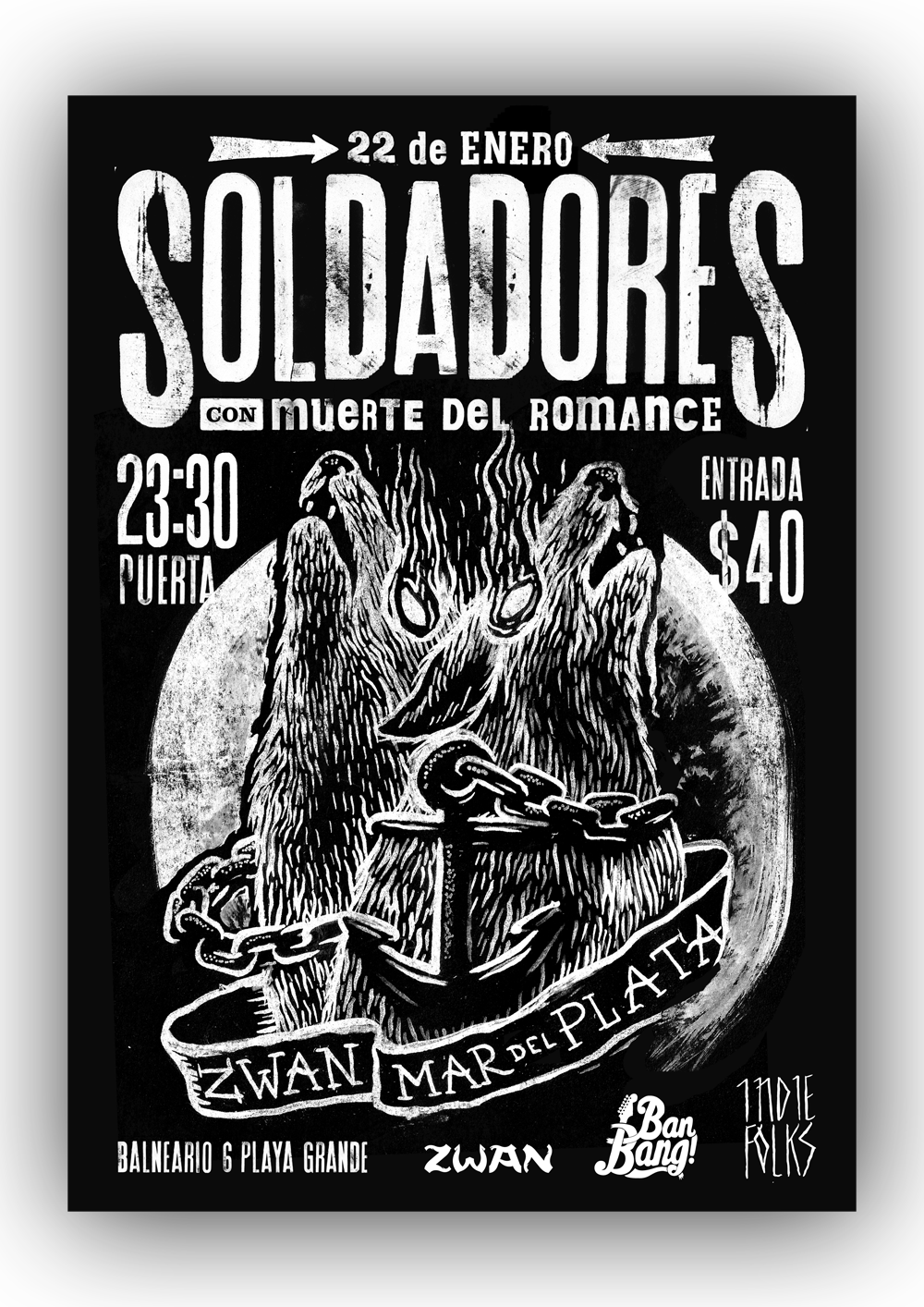 flyer band soldadores rock mar del plata MDQ wolf siamese black and white High Contrast chalk