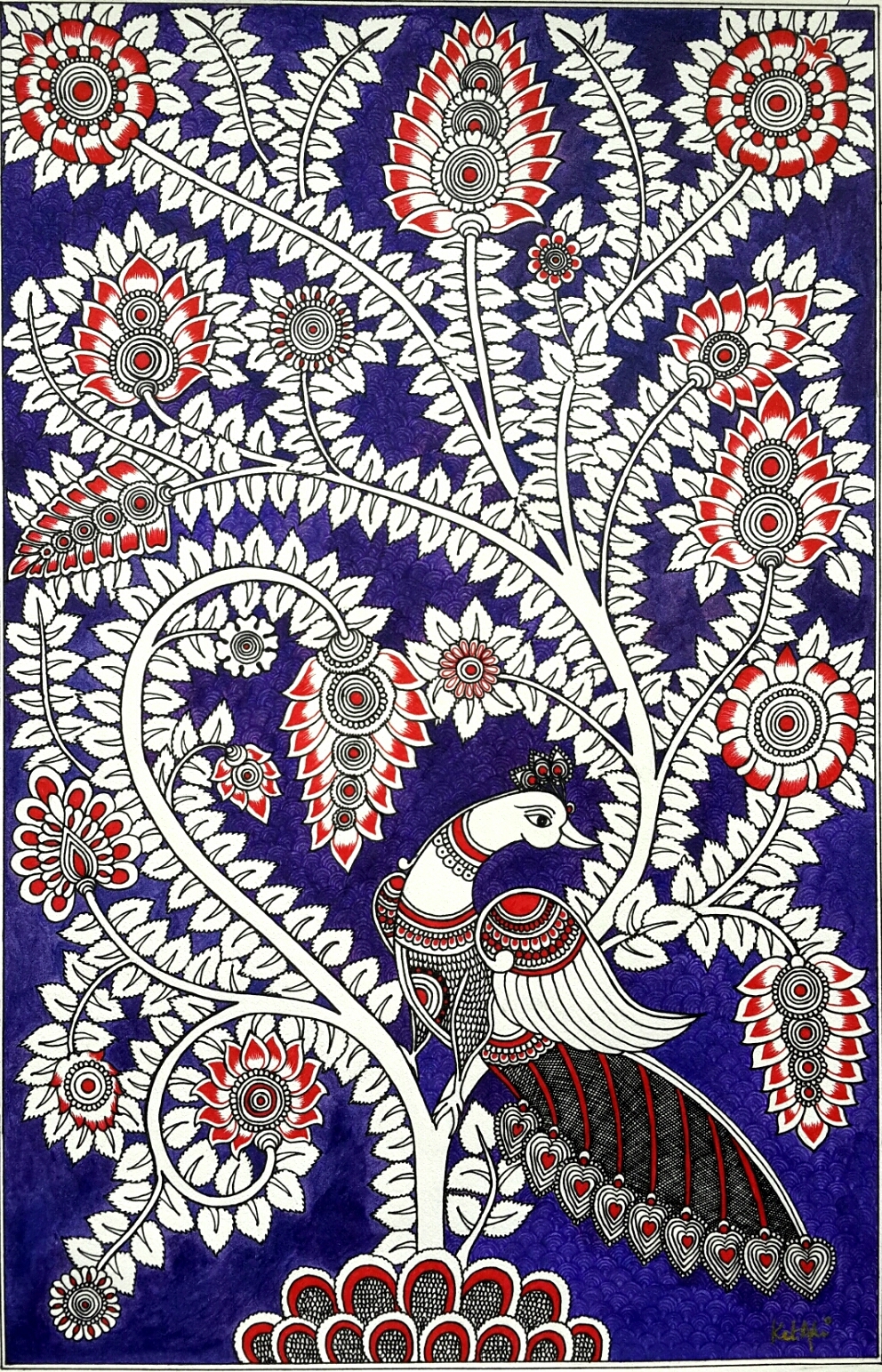 Kalamkari Indian folk art contemporary folk art tree of life peacocks