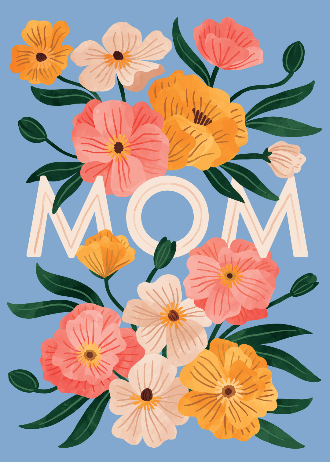 Mother's day greeting card with floral watercolors and "Mom" sentiment.