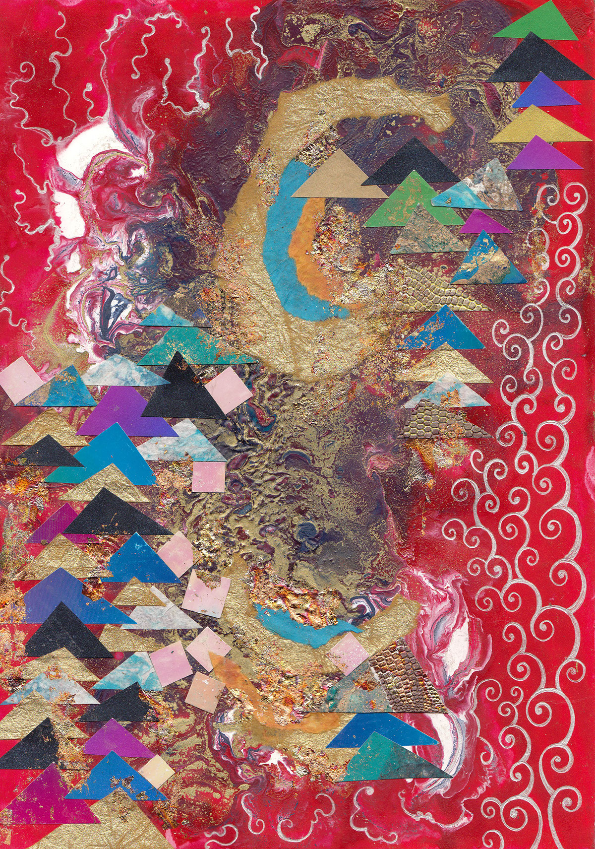 collage patternistic mixed-media red gold blue marbling kaleidoscopic