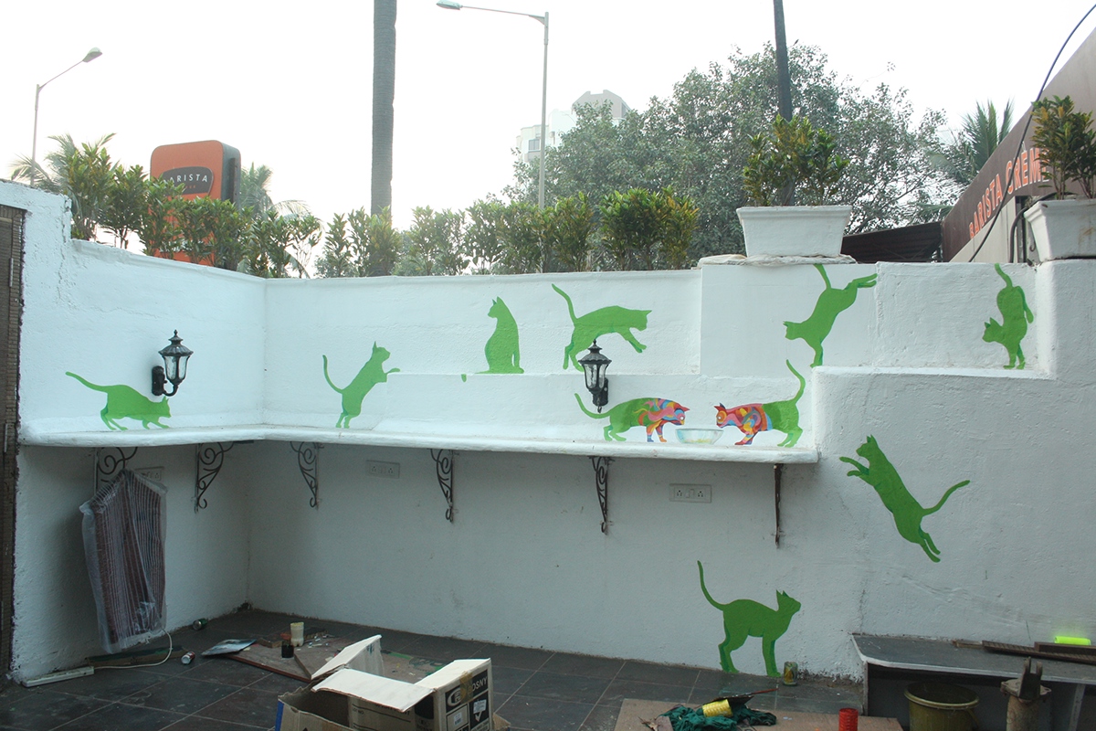 the house pub colors rainbow rain deer cats wallpainting cheers beer MUMBAI versova India urban wallart party pop