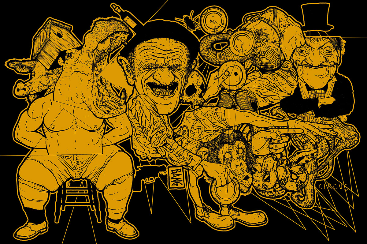 Circus elephant Clowns monkey old man madness snake octopus fat muscles pig jugglers athletes skull ink pen
