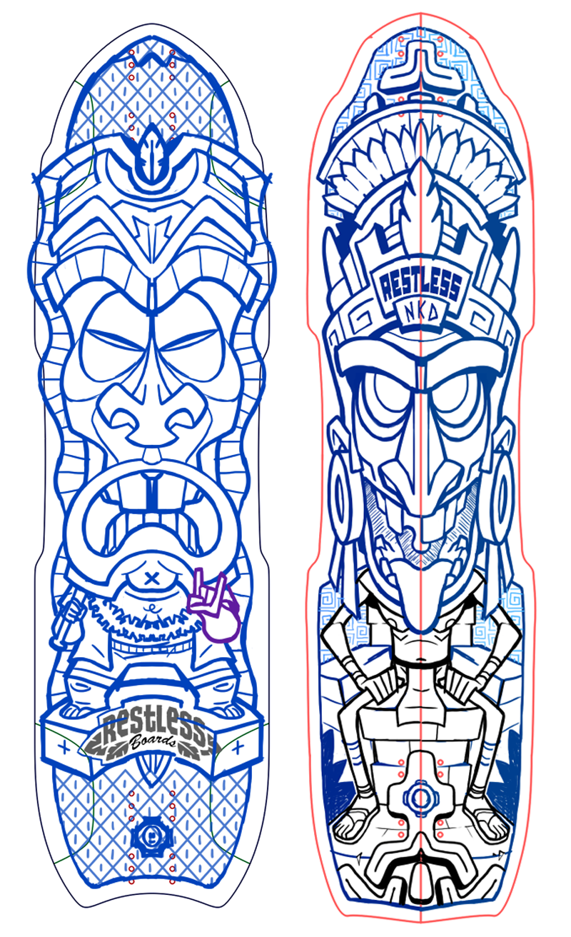 skateboard LONGBOARD Tiki aztec deck artwork design art ILLUSTRATION  boards