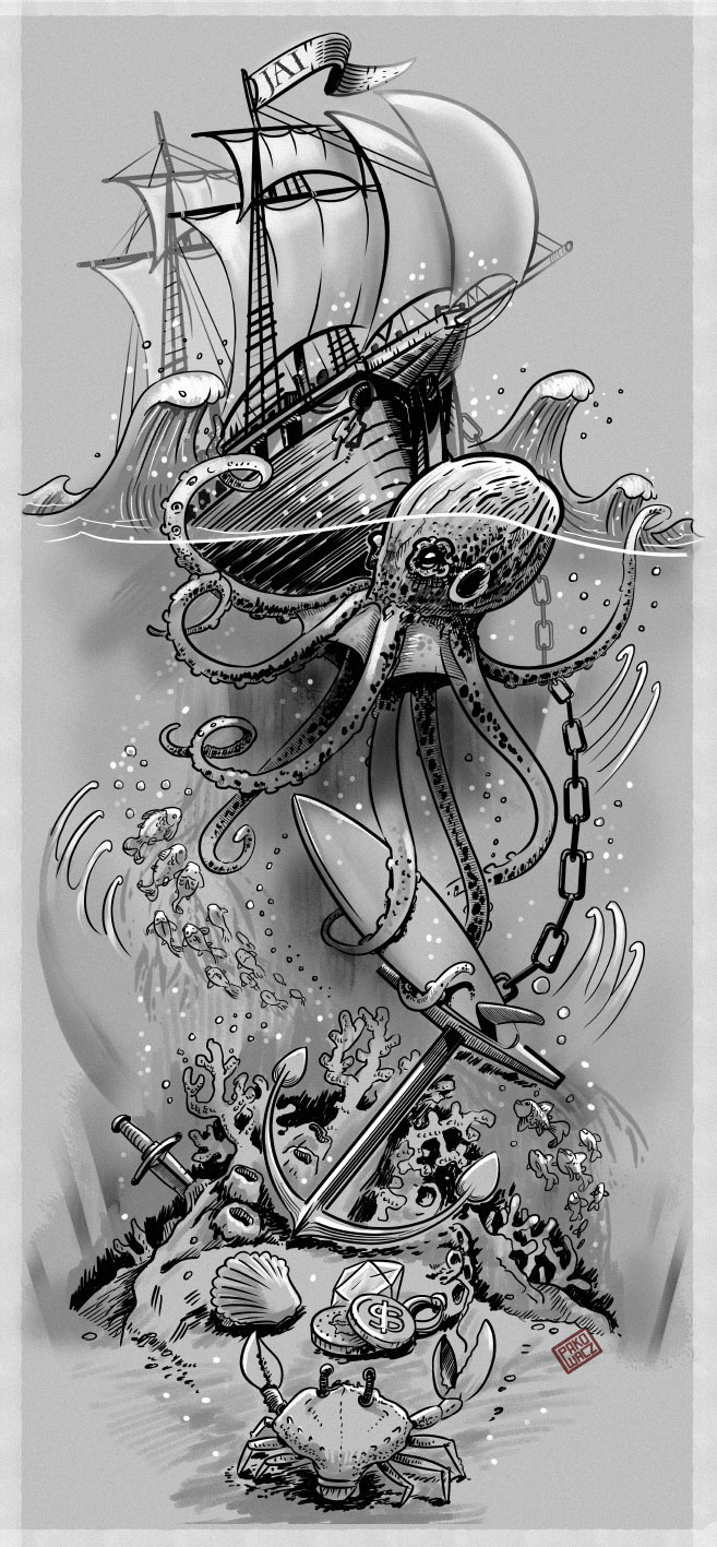 tattoo sleeve octopus Ocean vessel anchor ink surfing wave sea under the sea graphic kraken deep