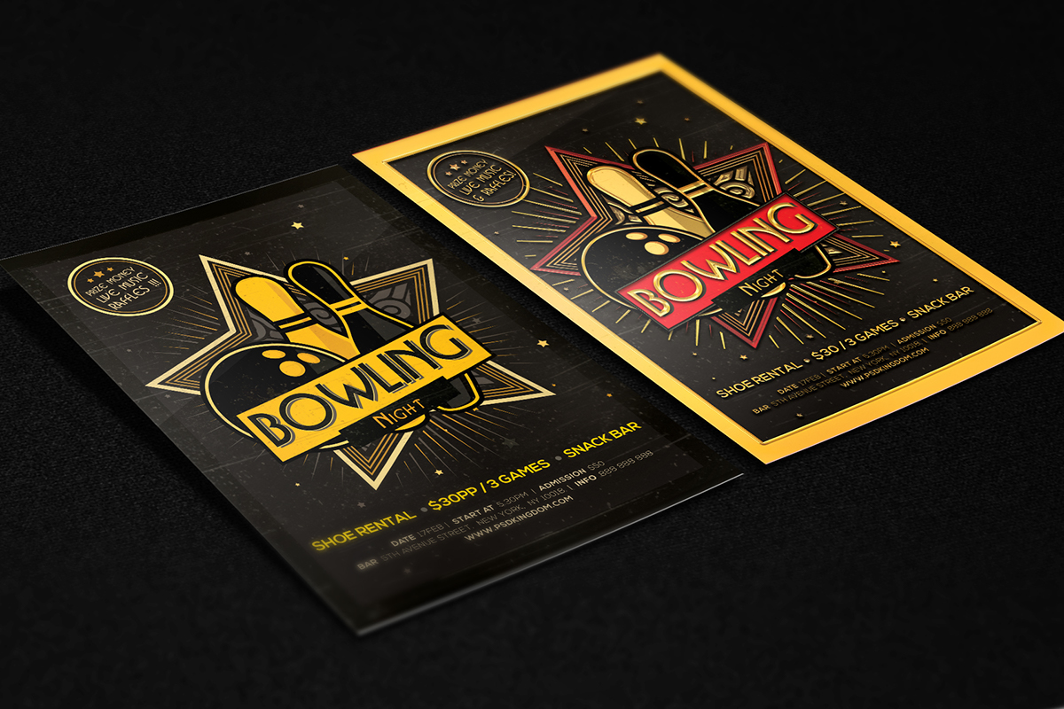 bowling flyer template ad magazine gold golden Tournament Event gambling sport wip