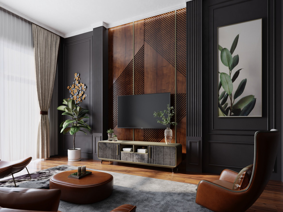 black brown dark decor design family Interior leather living Render room tv wood