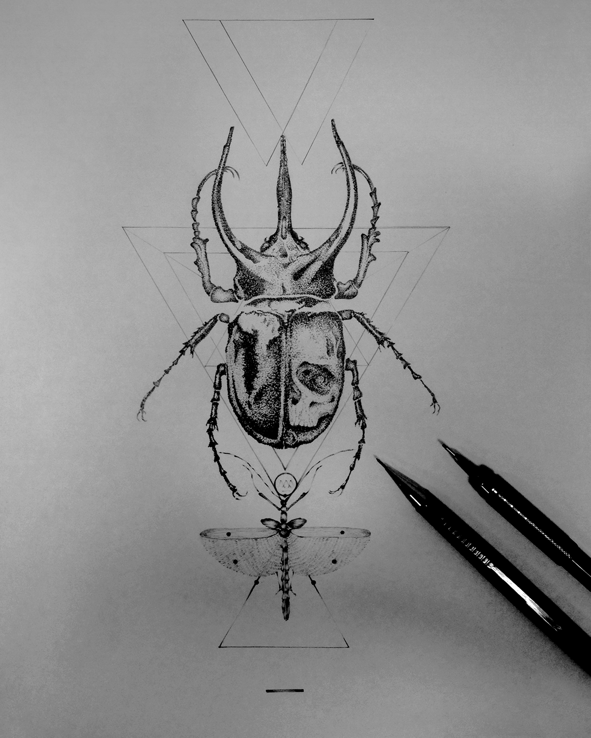 newwork tattoo skull drawing sketch desenho manual beetle besouro ink black & white dark art dotwork pointillisme Pointillism society