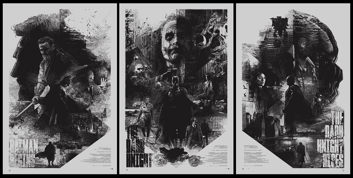 batman nolan screen print poster StudioKxx trilogy black & white batman begins THE DARK KNIGHT The Dark Knight Rise