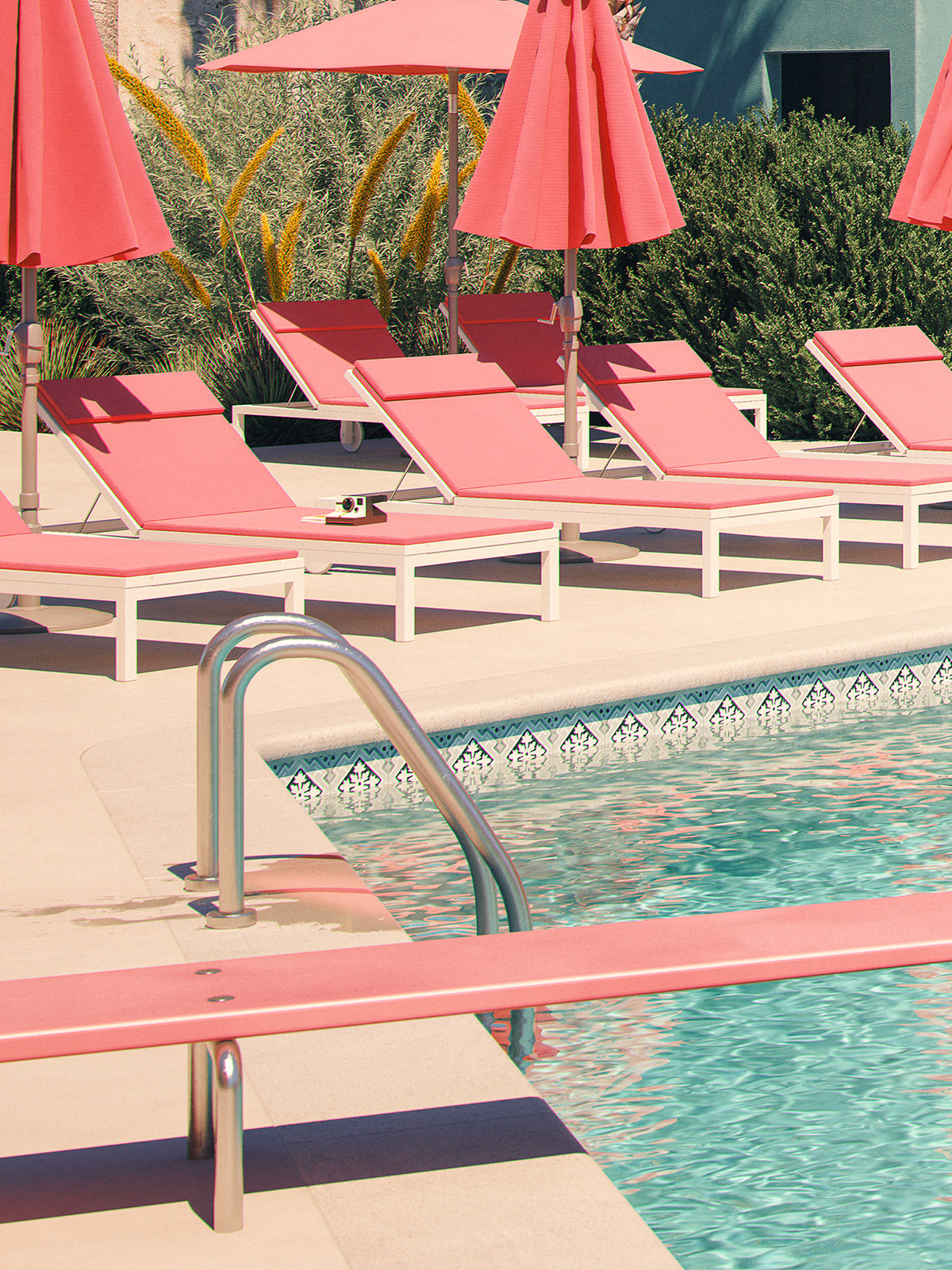 CGI Render visualization architecture mid-century modern California Palm Springs hotel palms swimming pool