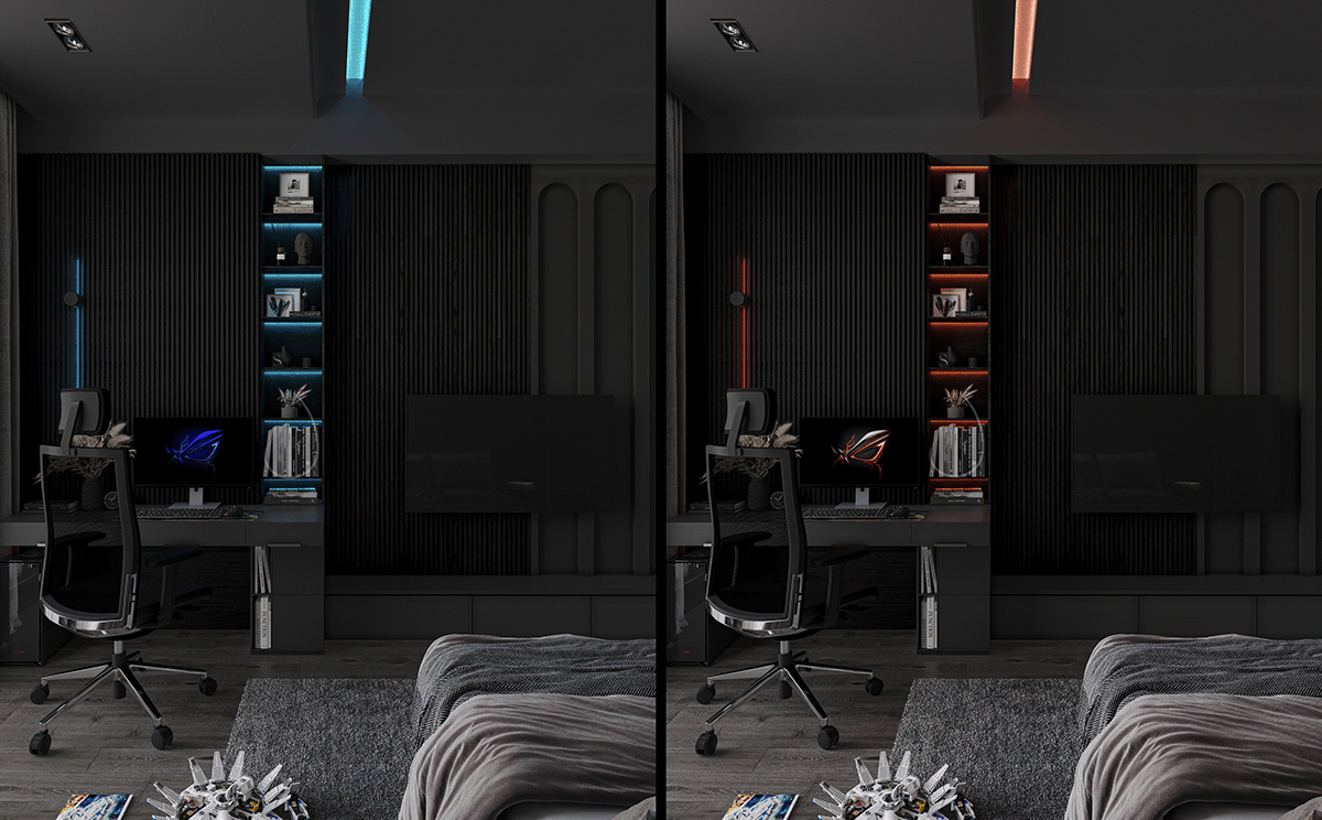 bedroom interior design  modern лед Gamer darkroom LEGO asus Young Interior