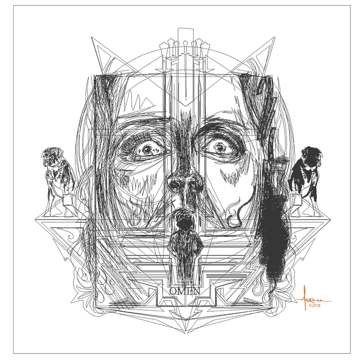 Illustrator vector movie print poster omen horror damien 666devil antichrist horroreyes dogs boy cross mexifunk
