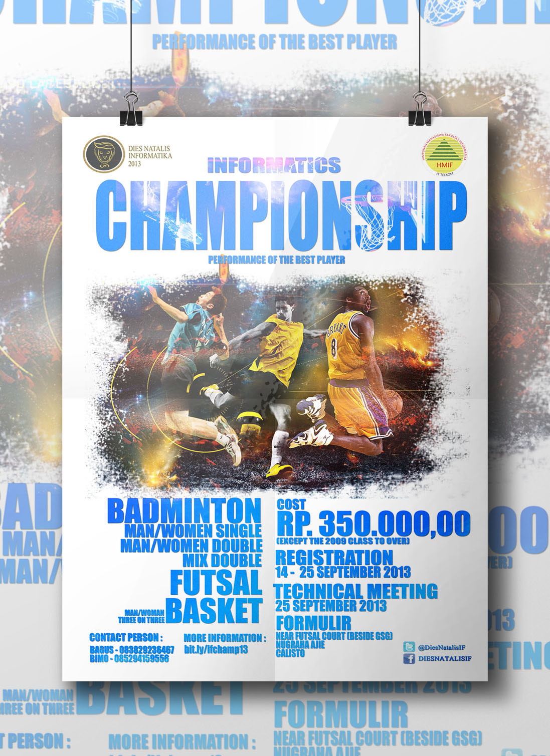 poster flyer Championship bandung Telkom university sport badminton futsal basket Informatics Diesnatalis TELKOM University