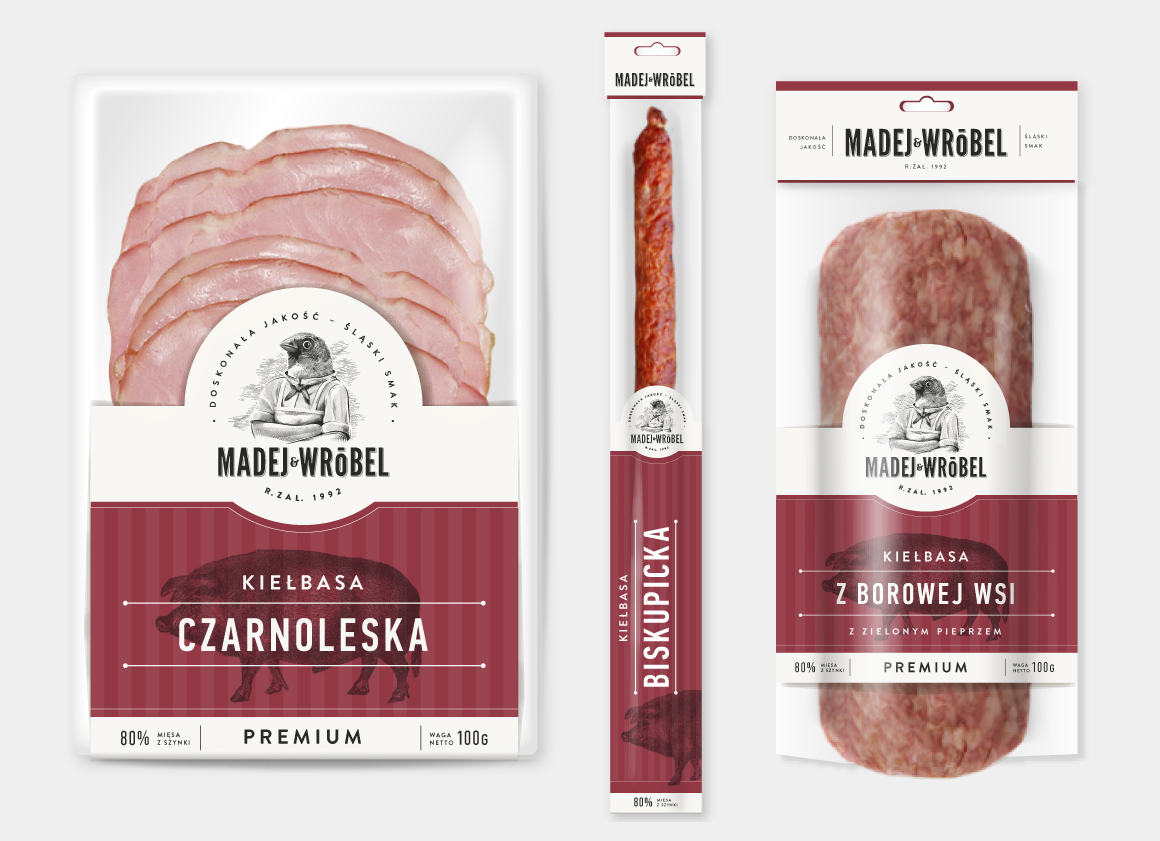 Madej  Wrobel meat Food   Packaging  bird logo butcher shop