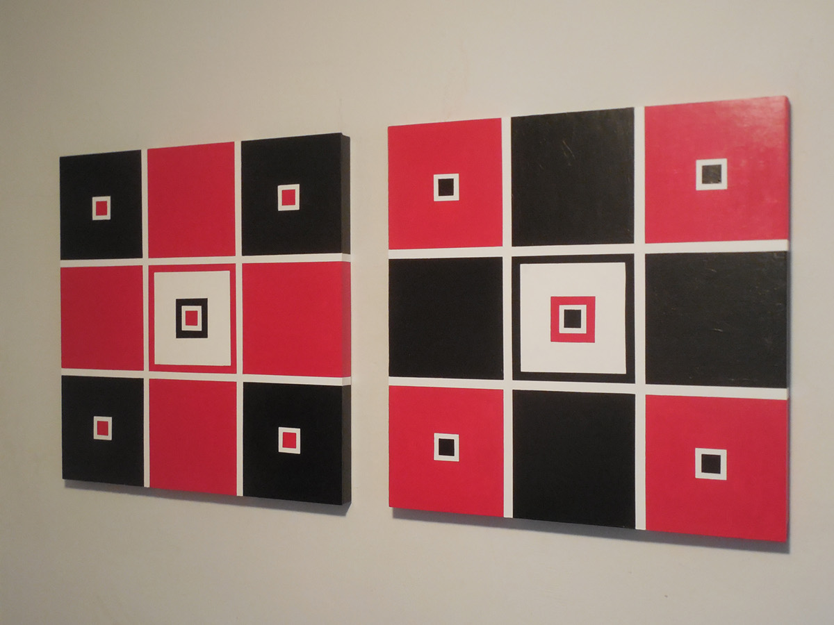 abstract red black White Paintings bold geometric Wood Panels acrylic paint