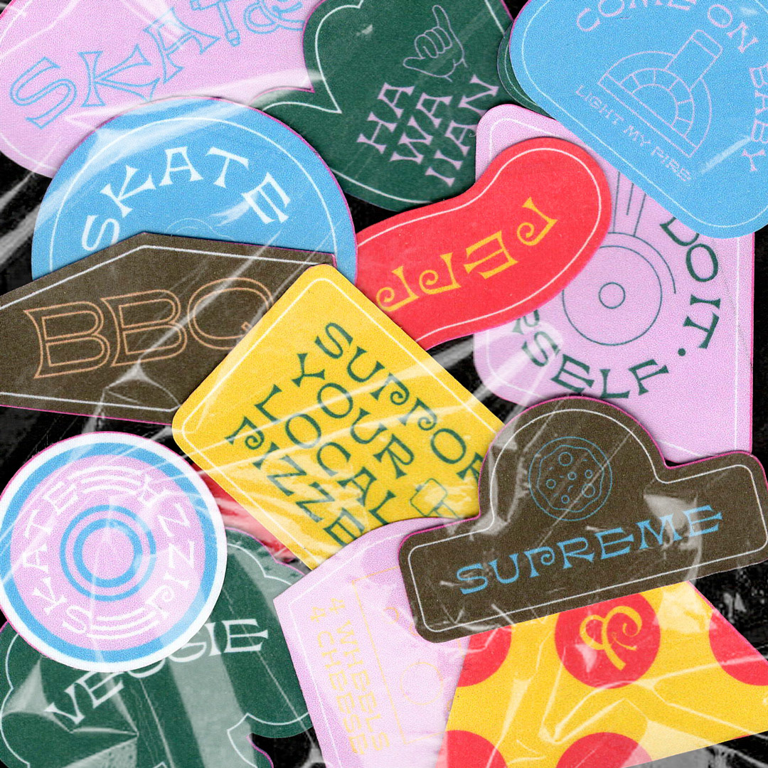 skate Pizza skatepark stickers teaser motion restaurant identity business card scenography
