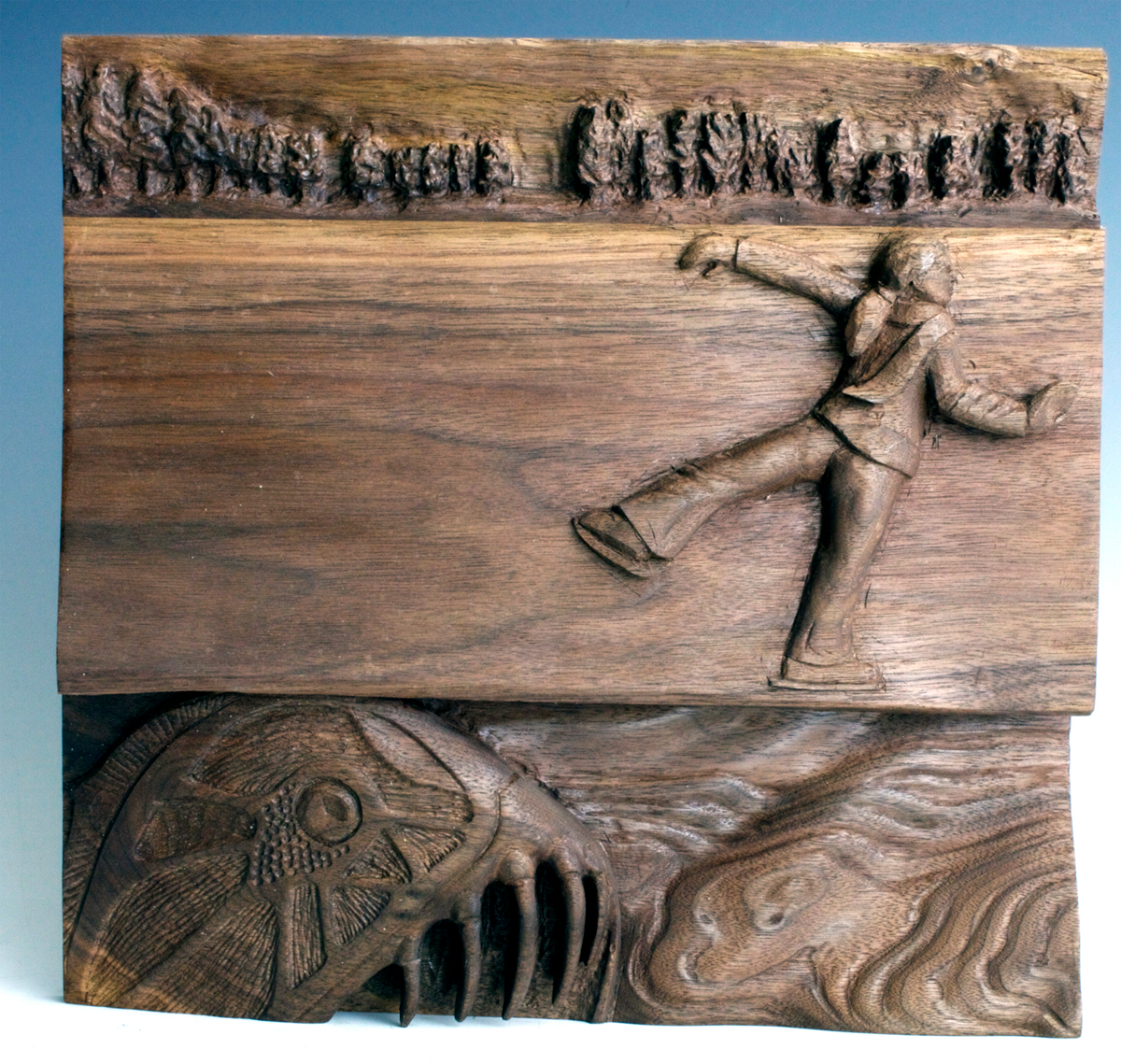 ice skating sea monster humorous walnut wood carving Relief Sculpture