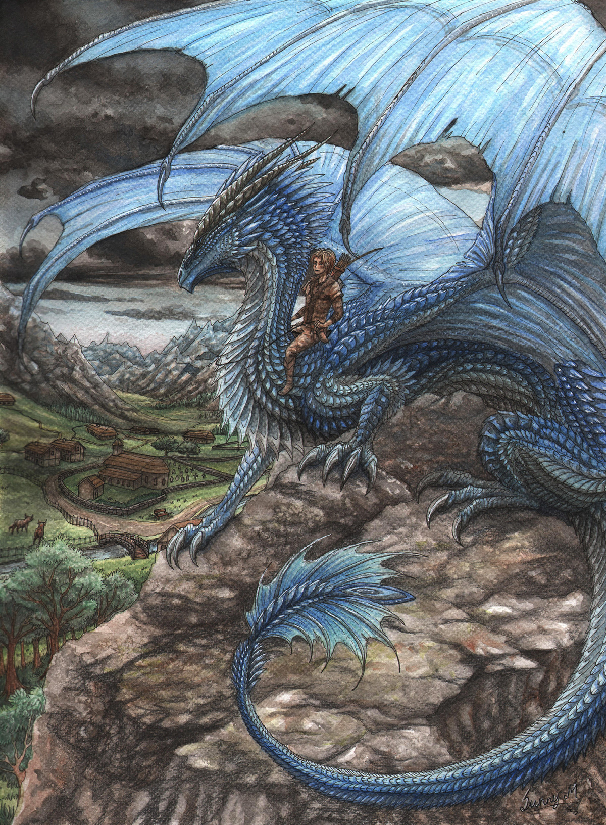 School Project school task bookcover book cover Eragon dragon blue fantasy sunima artist watercolor watercolors aquarelle