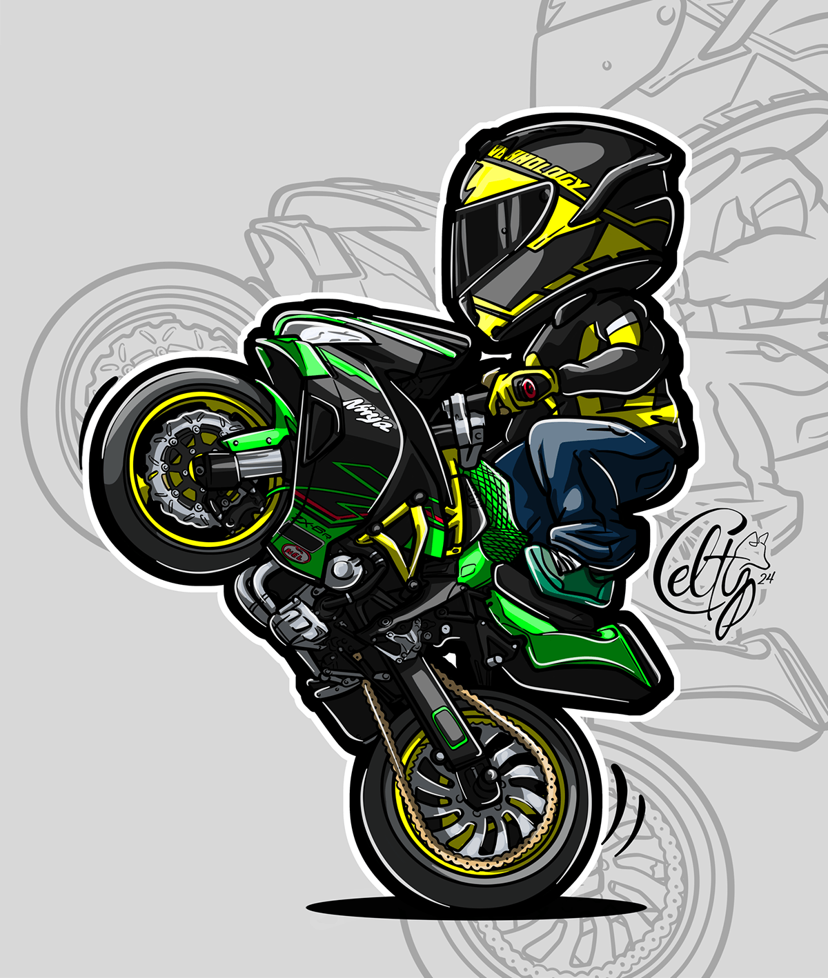ninja Kawasaki stunt moto motorcycle sport cartoon Digital Art  ILLUSTRATION 