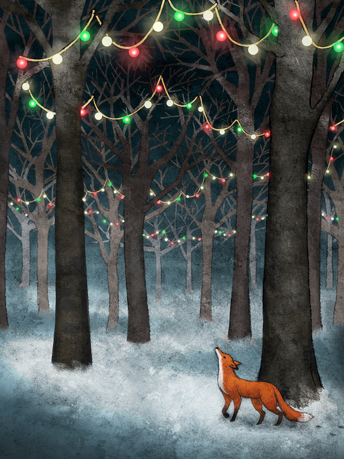 Christmas FOX cute Magical forest lights hallmark card digital quiet soft children kids Holiday greeting