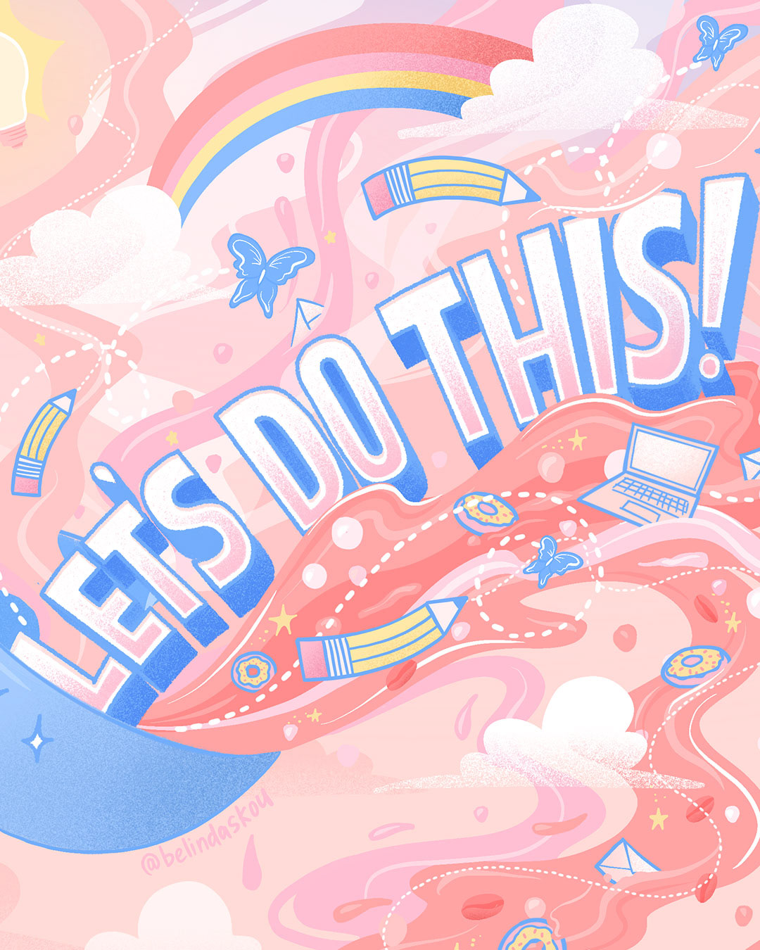 Closeup of with an imaginative spill of illustrations, doodles, and lettering "let's do this!"