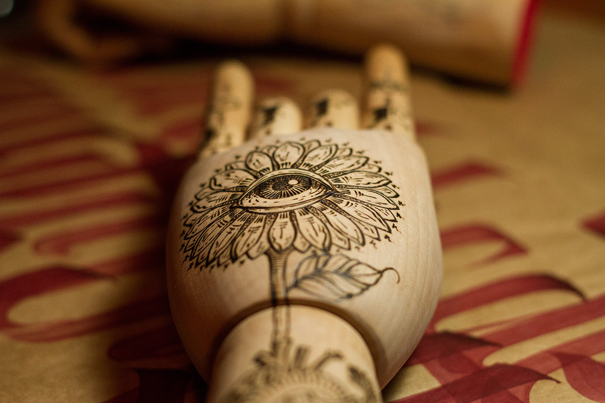 INKEDHANDS tattoo Tattooart eye heart pyrography wood woodart woodburn