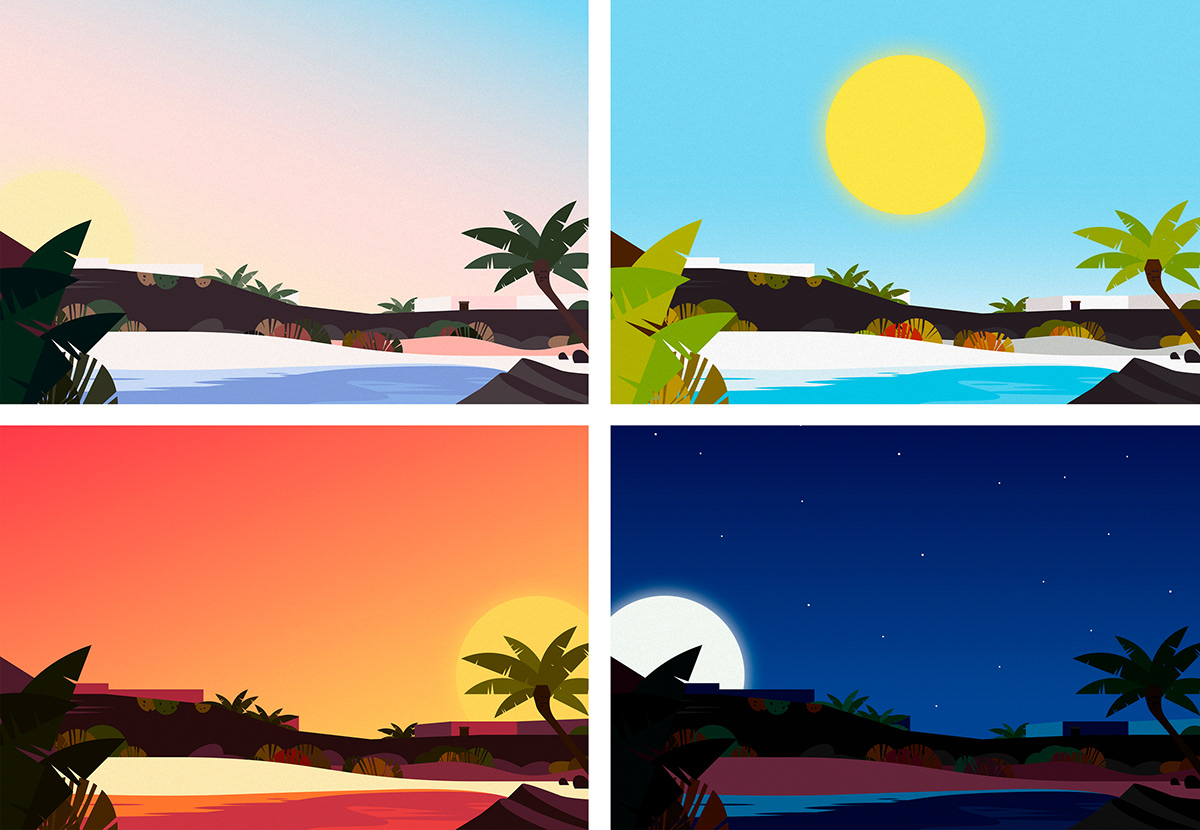 campaign canarias islands Illustrator landscapes mariadiamantes Sunrise sunset vector Art Design flat design