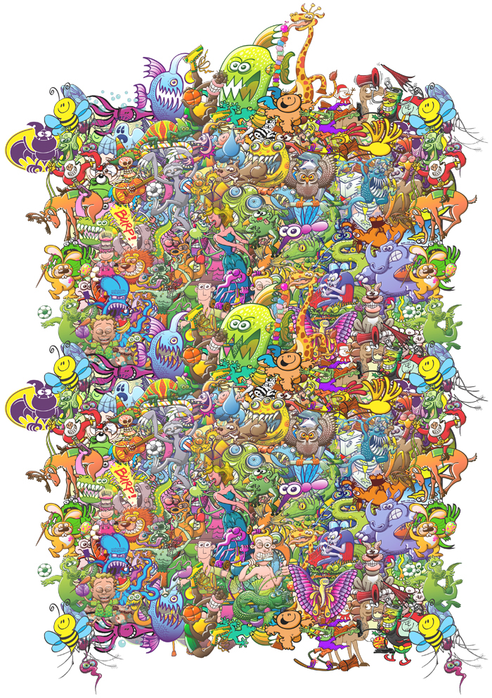 colorful creatures mad festival modular illustration vector art seamless pattern mad puzzle Character design  crowded scene Digital Art  surprisingly funny
