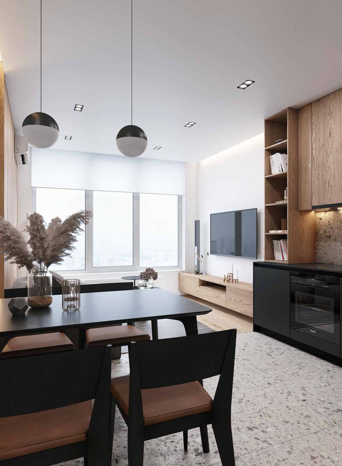 Dark interior design Interior apartment livingroom Minimalism Render visualization