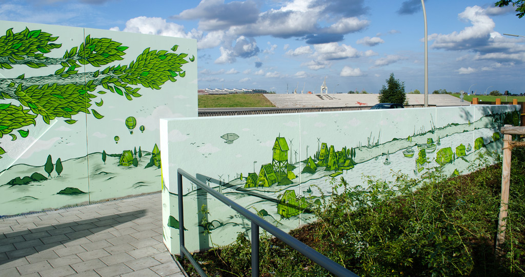 IBA walldesign wallpainting Mikefriedrich Cuke Fogeljunge john reaktor SAM Crew hamburg Landscape Mural