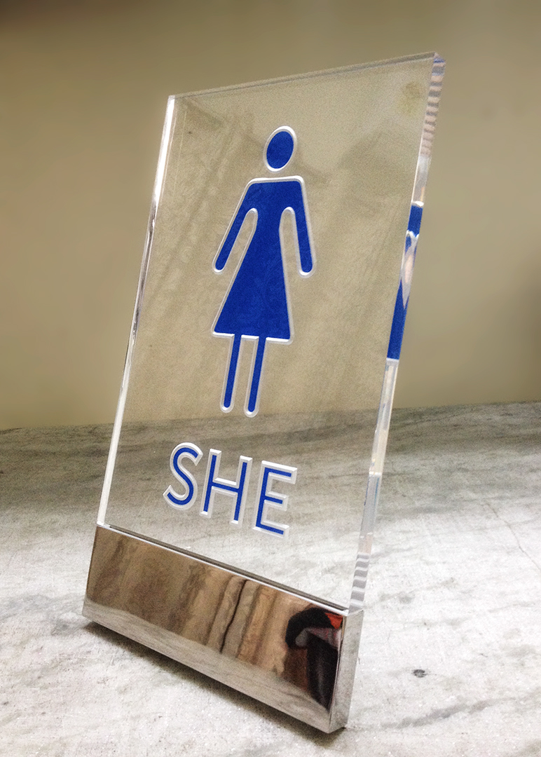 Signage HE she signs acrylic steel chrome led light lighting washroom Interior