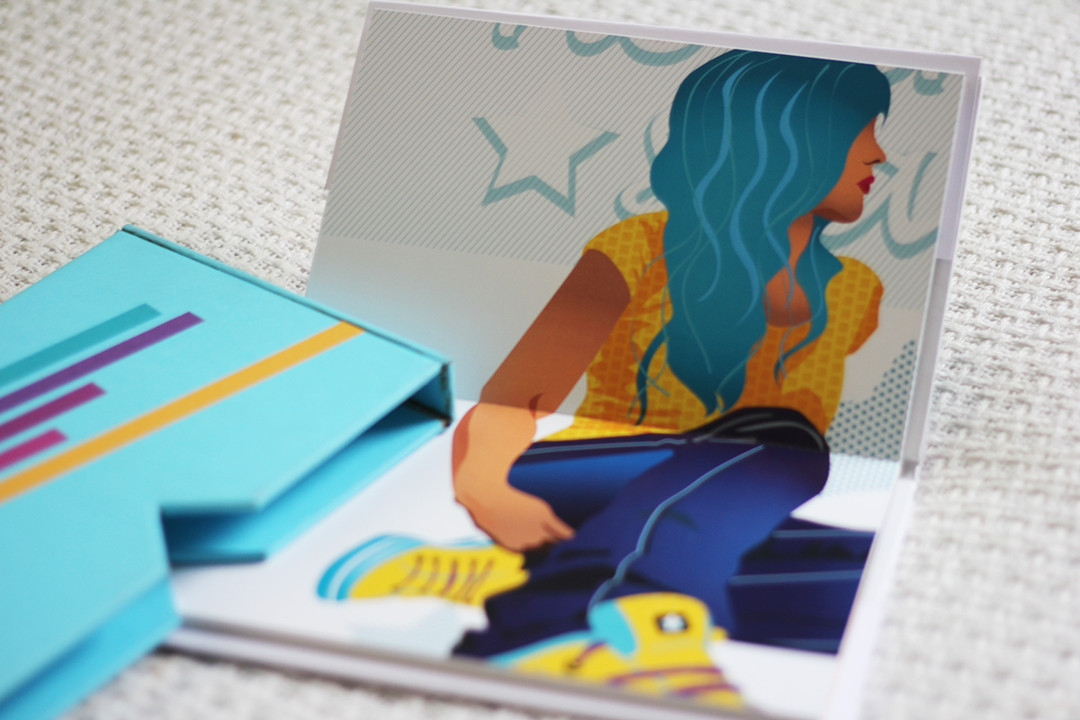 North Star reemake Illustrator ilustration happyness colorful bright neon girl sneakers brandbook postcards