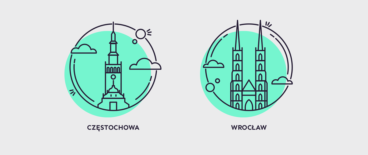 polish Cities poland warsaw cracow Gdansk icons gdynia wroclaw lublin Szczecin rzeszow Kielce flat lodz
