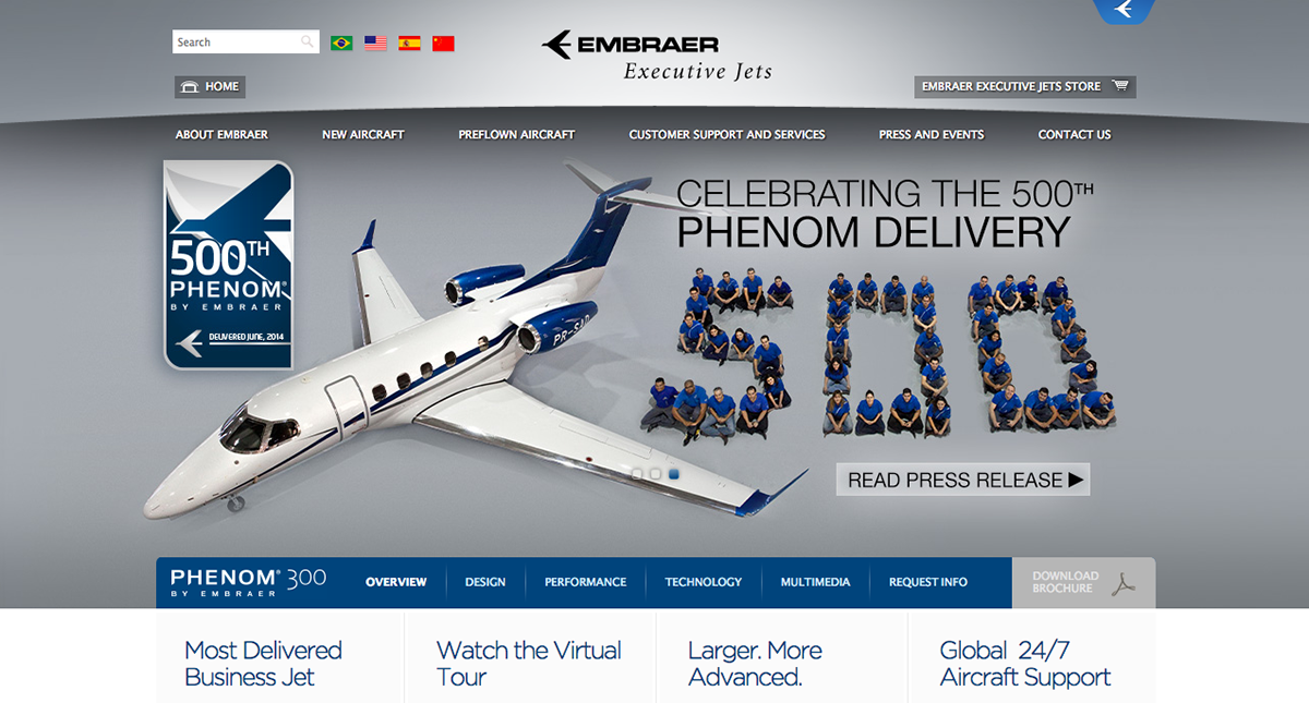 Aerospace aviation elements Embraer jets landing page Lineage 1000 luxury slider sub-page