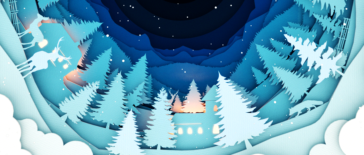 Christmas card new year 3D layered winter deer FOX mountains snow