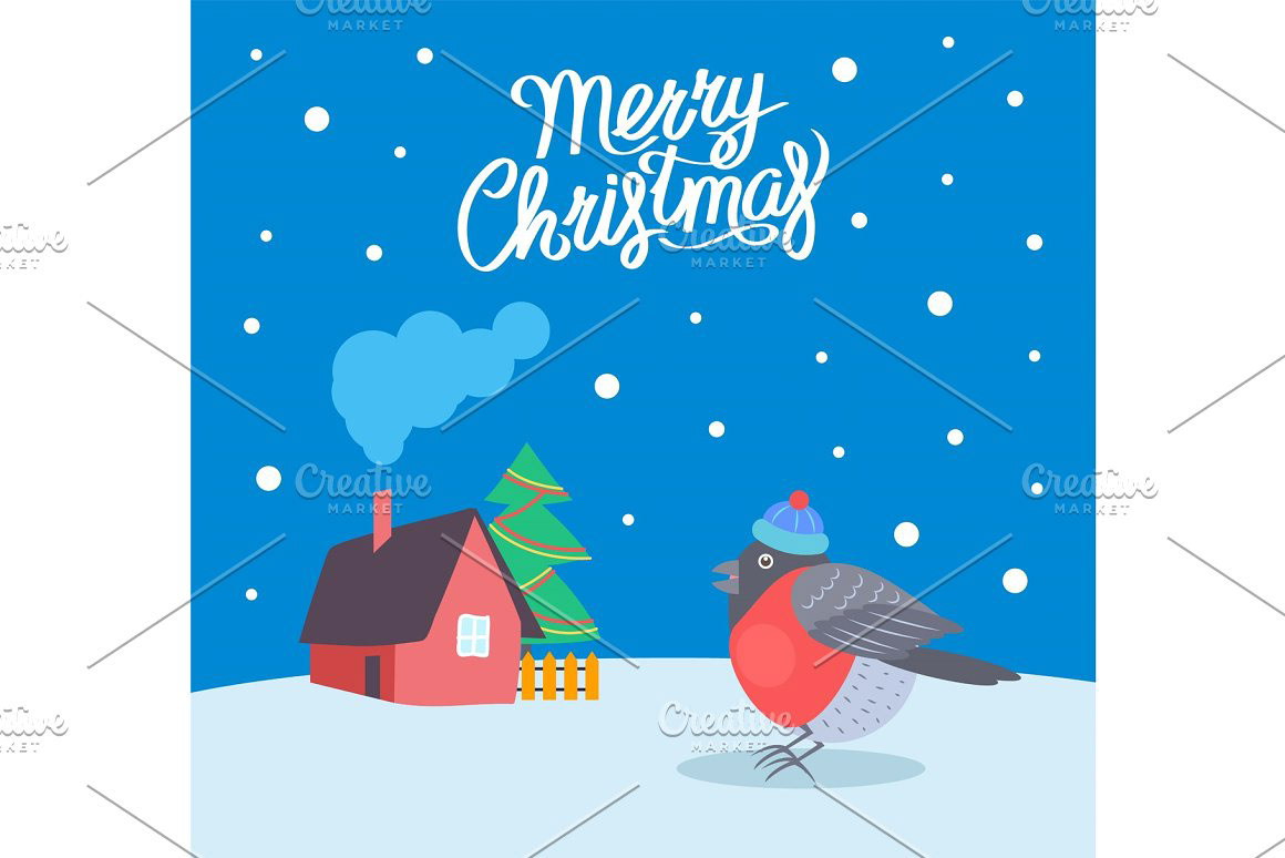 merry Christmas greeting poster text vector bird bullfinch birdie hat