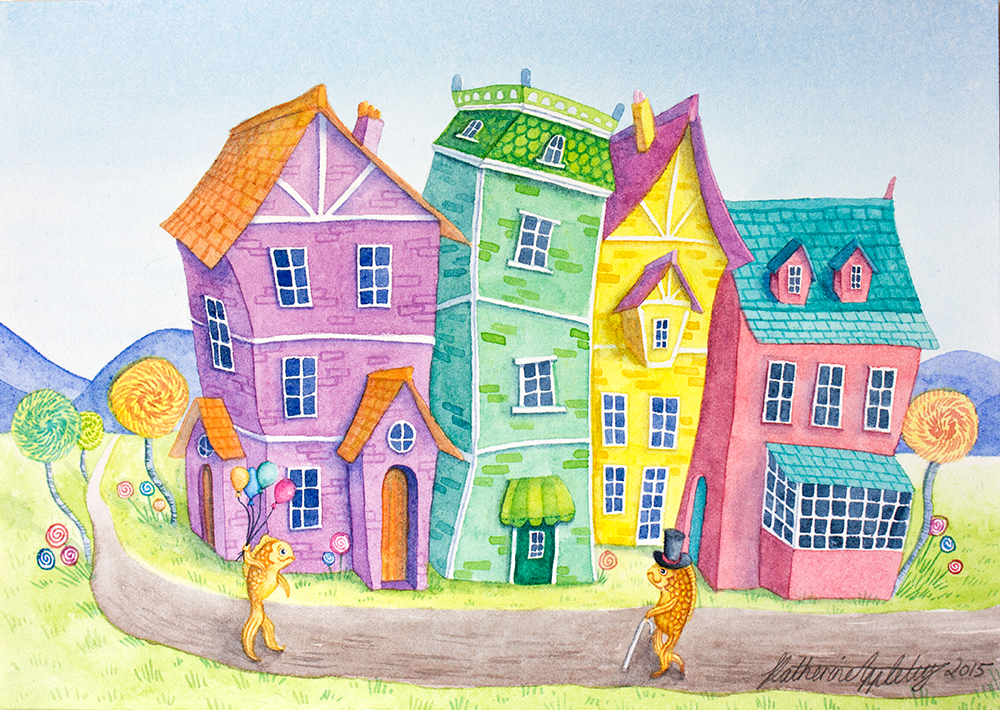 children's illustration quirky village houses quirky town watercolour