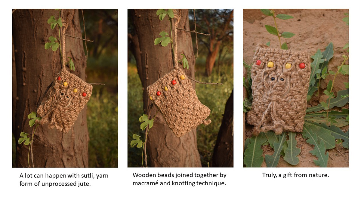 craft jute bag Sustainable Design earthen wooden beads Macrame knotting wool felt